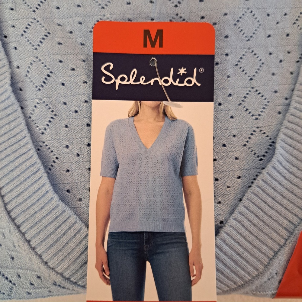 Splendid Pointelle Sweater Top Womens M Blue NWT V-Neck Short Sleeve 896-239-B8